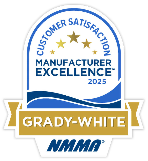 Stylized badge with gold stars, blue waves, and a gold banner reading Customer Satisfaction Manufacturer Excellence, 2025, Grady-White, NMMA